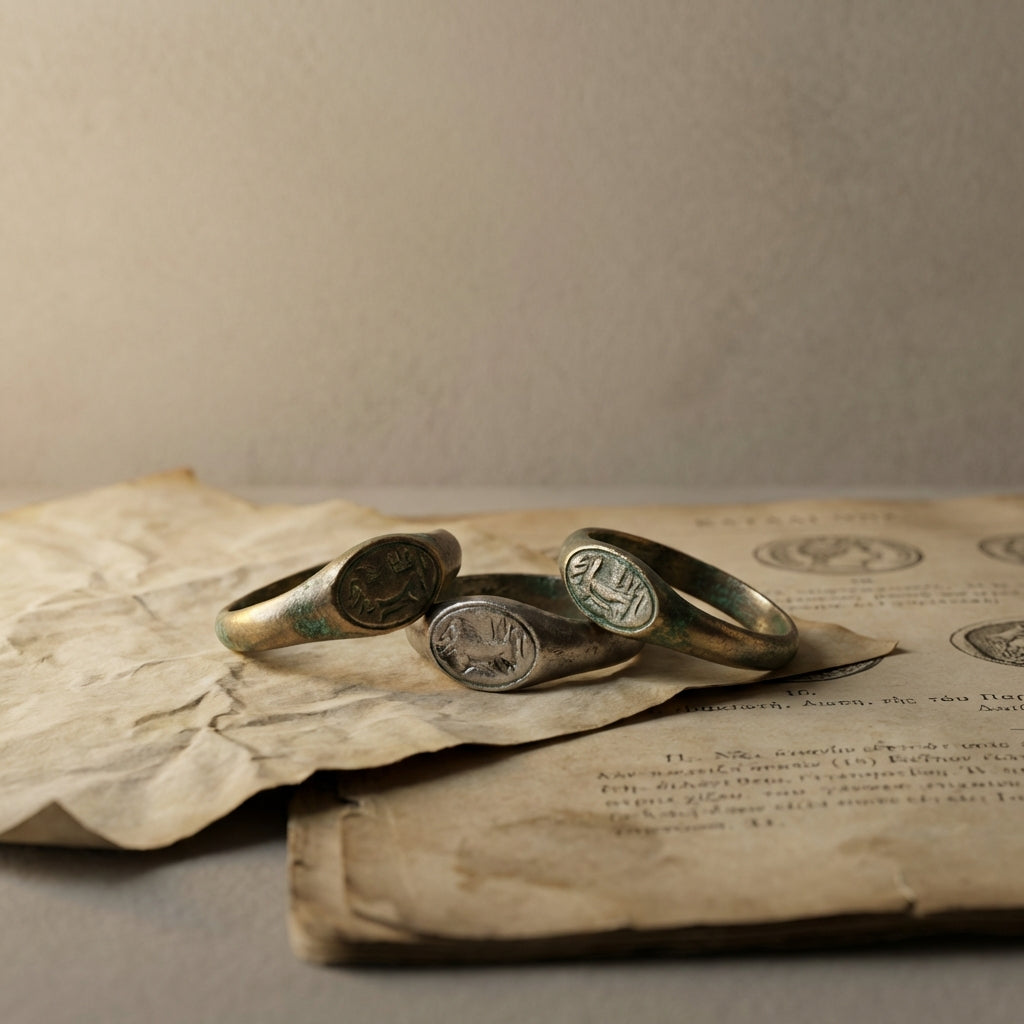Close view of ancient greek rings on aged parchment and a faded catalogue page in muted earth tones with soft natural lighting