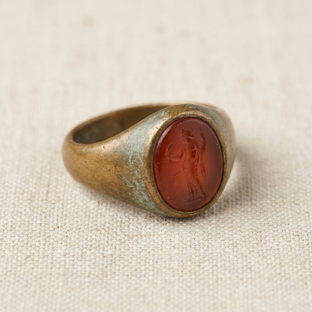 Close studio photo of an ancient greek signet ring bronze with carnelian intaglio on neutral linen background #ede7da showing bezel patina and carved detail