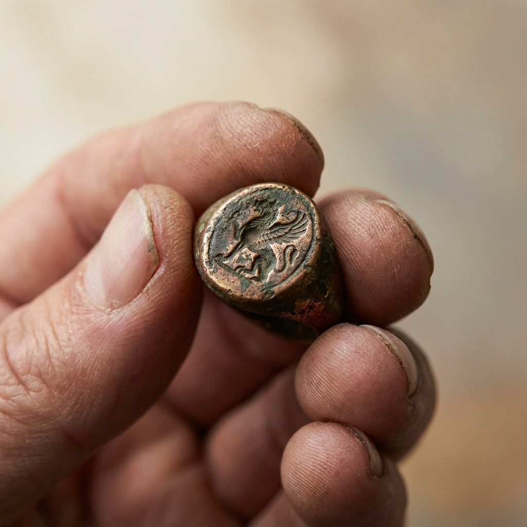 Close cropped full frame photo of a hand holding an ancient greek signet ring bronze with visible patina and intaglio on a soft neutral background #ede7da