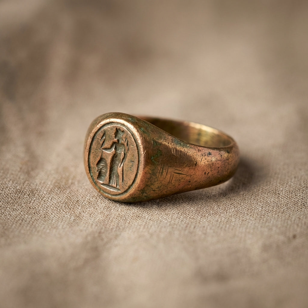 Close up studio photo of an ancient greek signet ring on neutral fabric showing bronze patina and carved intaglio device