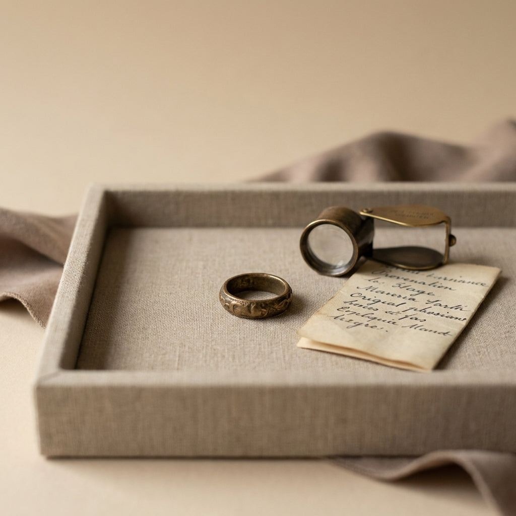 Minimal curated tray with a small bronze ancient greek wedding bands style ring a magnifier and a provenance slip on a warm antique beige background