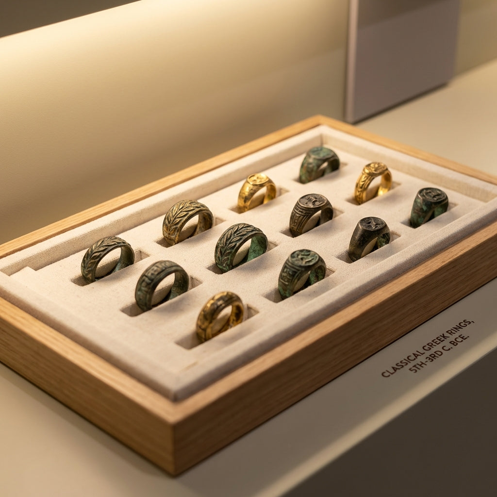 Close macro view of archival tray with ancient greek wedding bands showing patina and varied ring forms on warm museum paper background