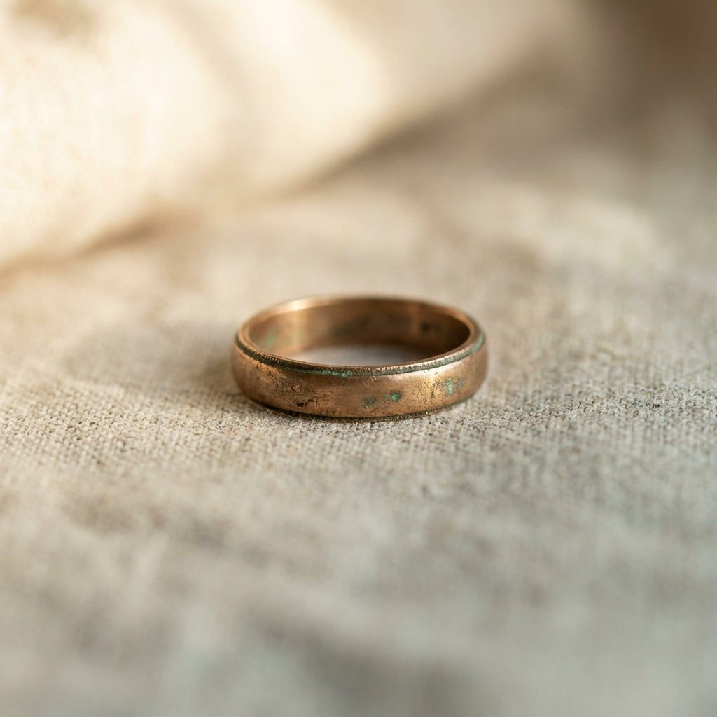 Close up patinated bronze ring on linen surface with soft directional light shallow depth of field warm neutral palette ede7da accents ae8339 ancient greek wedding bands
