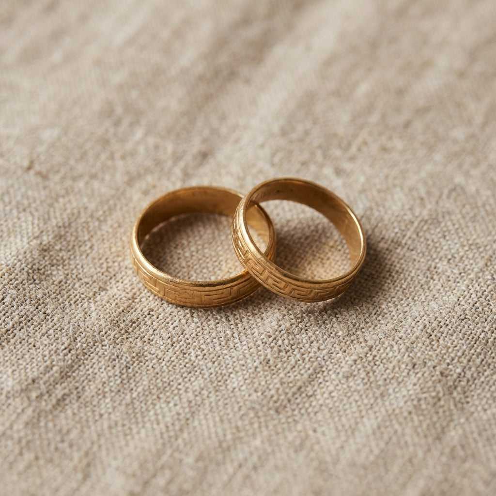 Minimal still life of two ancient greek wedding rings simple gold bands on neutral background ede7da with warm ae8339 accent and soft natural lighting