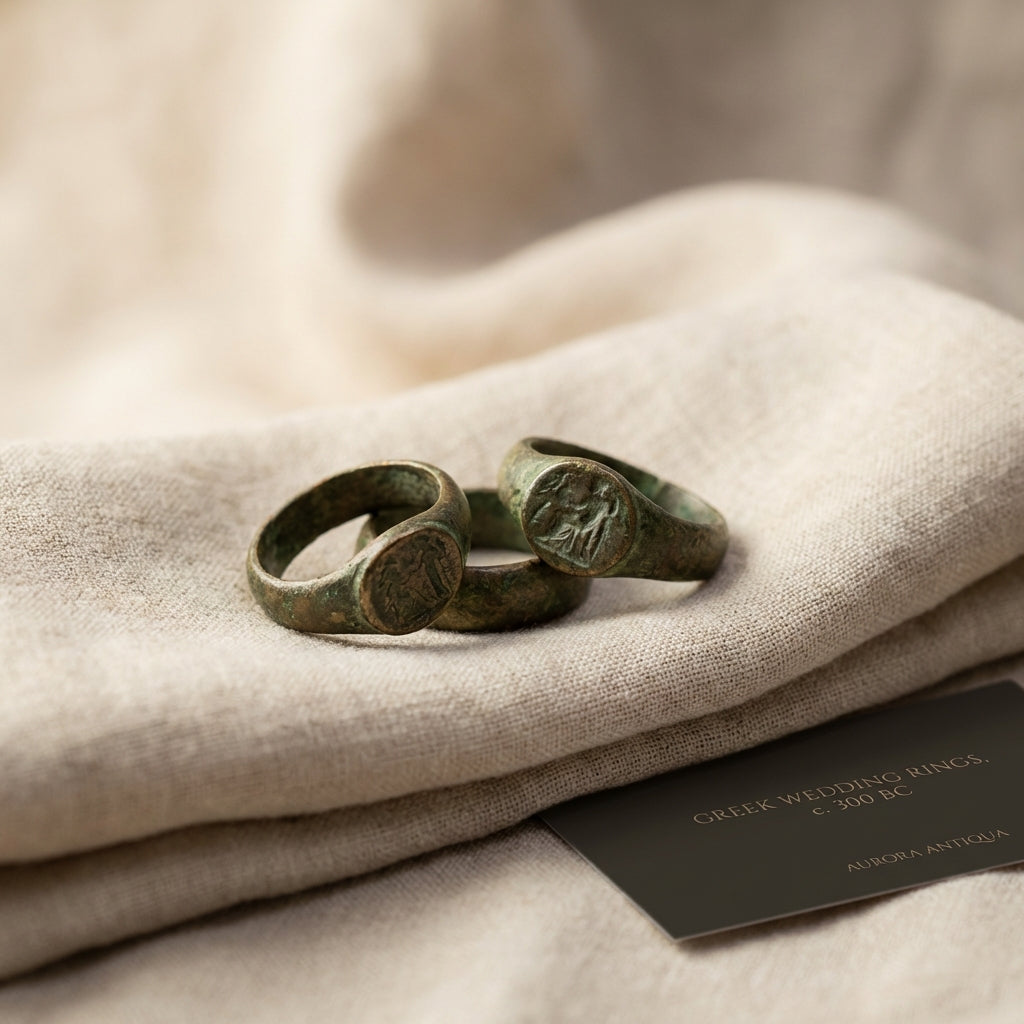 Close up of several ancient greek wedding rings with visible patina and intaglio details on a soft neutral textile against a warm beige background