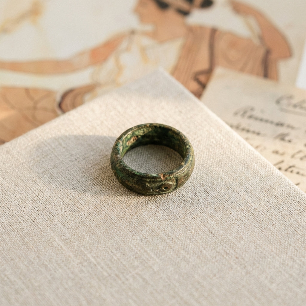Close up still life of an ancient bronze ring on neutral linen with blurred Attic vase painting and handwritten collection note in background minimalist museum style ancient greek wedding rings