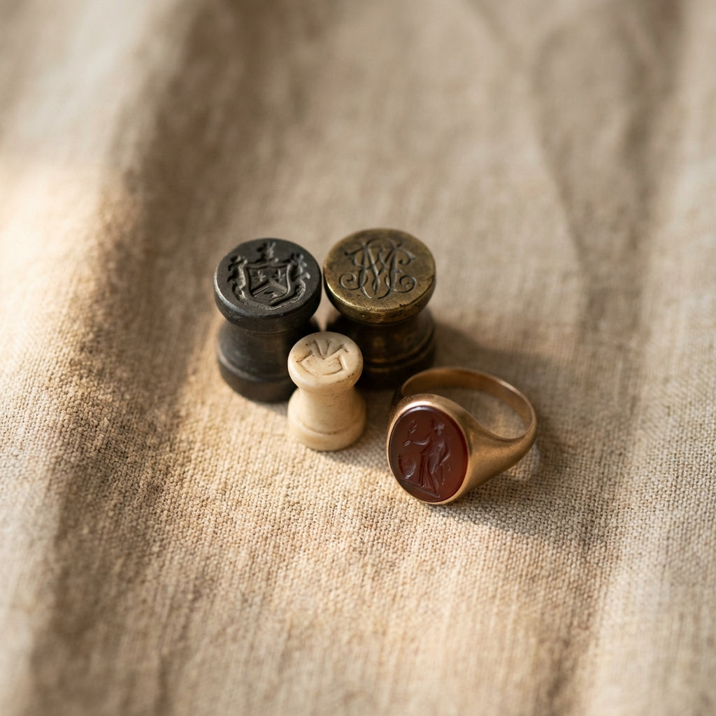 Close macro view of engraved seals and a carved gemstone on aged linen featuring an ancient intaglio ring in soft natural light and muted earth tones