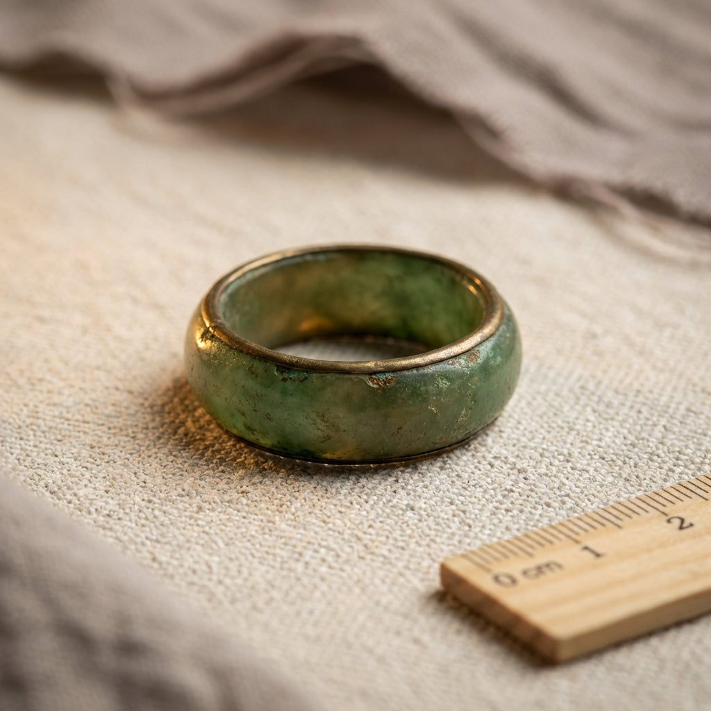 Close macro photograph of an ancient jade ring on neutral cloth with visible patina and a small ruler for scale revealing jade translucency under soft directional light