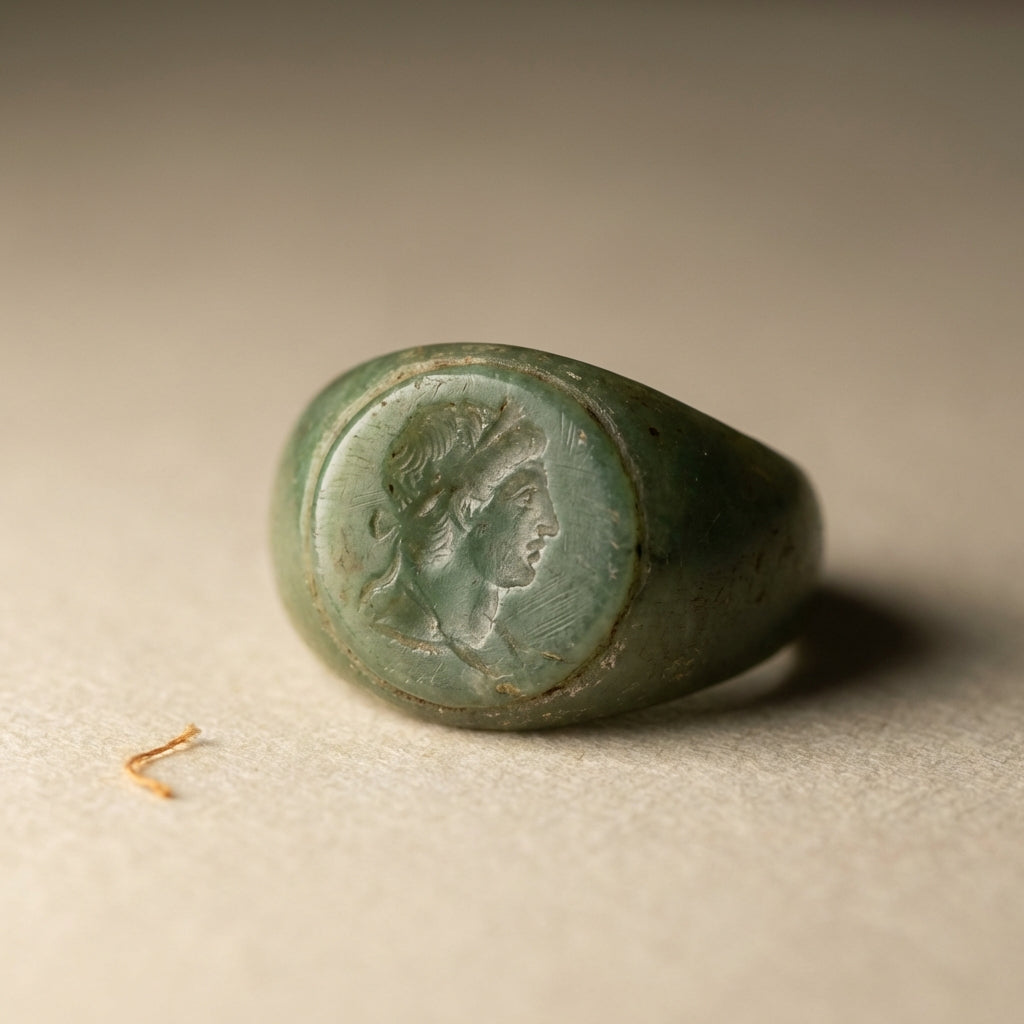 Close up of an ancient jade ring intaglio on archival paper with soft natural light showing patina and fine tool marks minimalist museum style