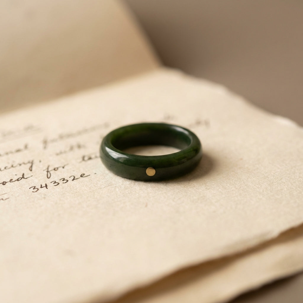 Close up of an ancient jade ring on archival paper with handwritten provenance notes soft diffused light minimalist Aurora Antiqua palette
