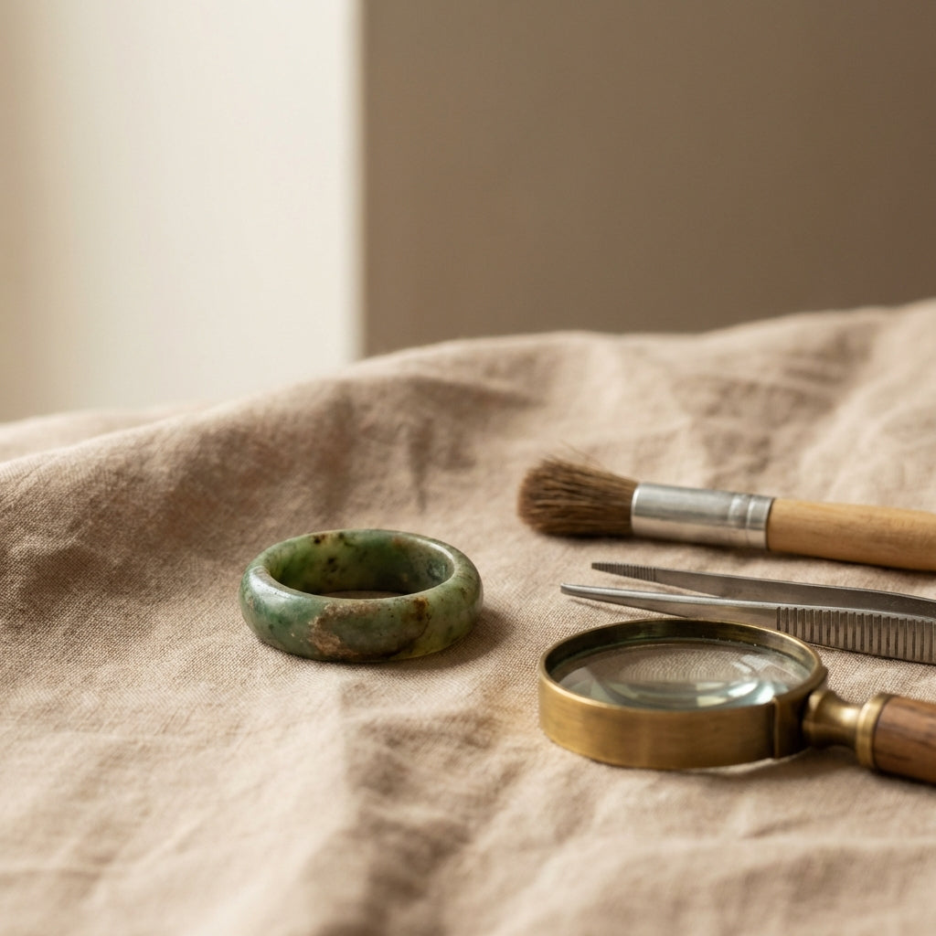 ancient jade ring on aged linen with conservation tools and magnifier in soft natural light minimalist still life background ede7da