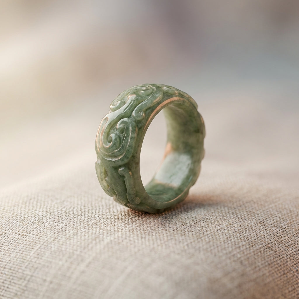 Warm studio photograph of an ancient jade ring carved with fine detail resting on neutral fabric background ede7da highlighting translucency and surface texture