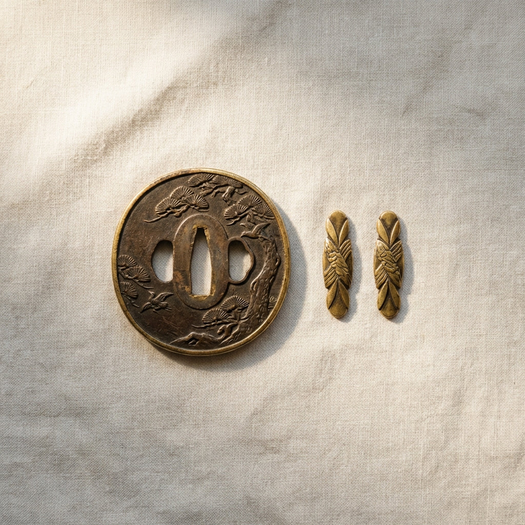 Overhead close shot of antique tsuba and menuki on neutral linen with warm directional light highlighting patina and surface texture ancient japanese rings