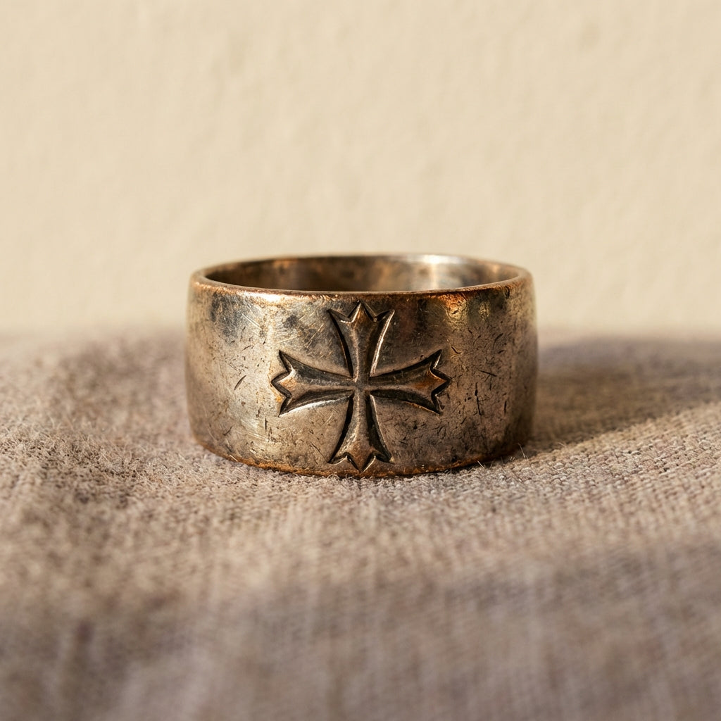 Close up of an aged silver ancient knights templar ring on a soft beige fabric background ede7da with warm directional light highlighting patina and engraved cross