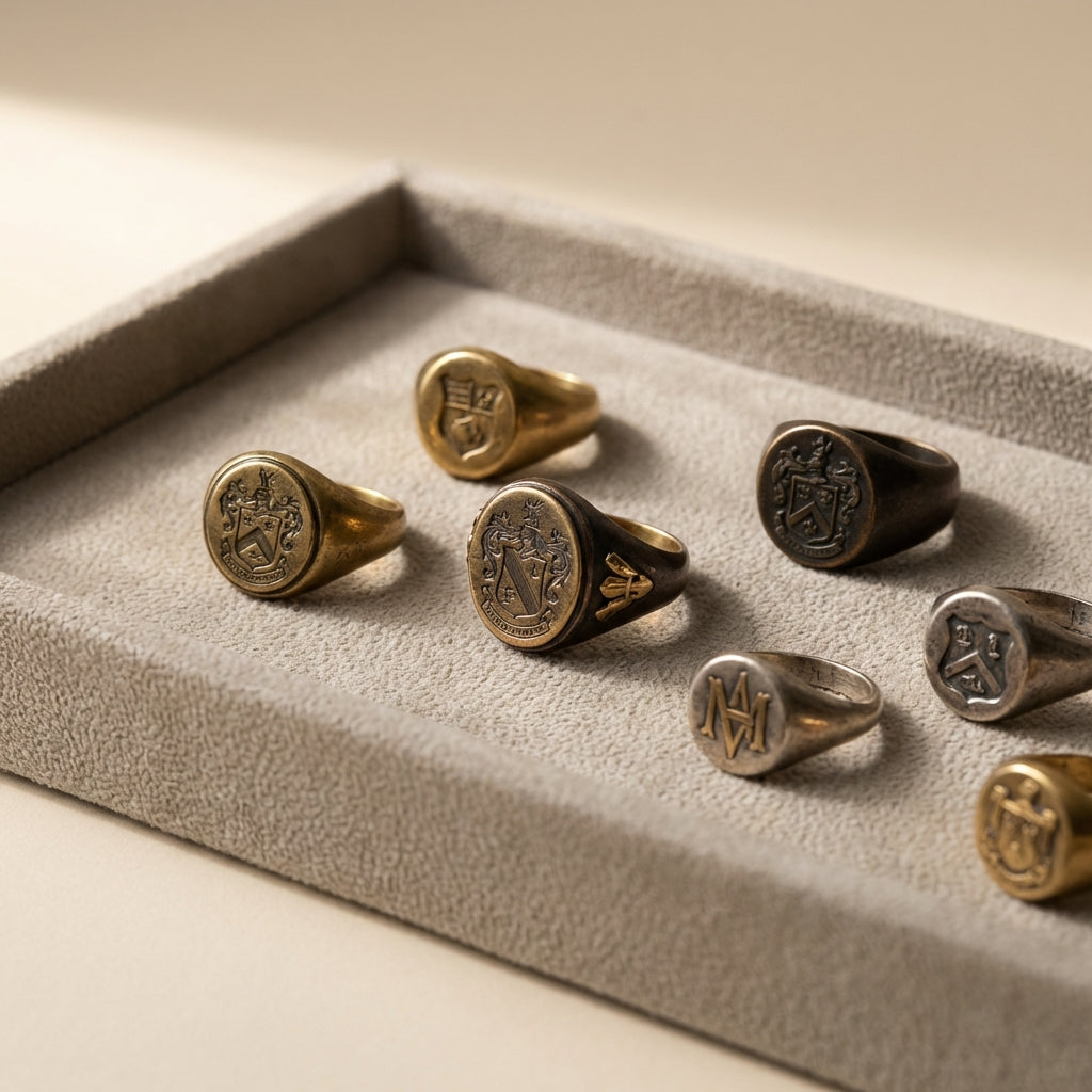 Close up of antique signet rings with engraved bezels on a muted pebble velvet tray against a light beige background showing worn textures ancient masonic rings