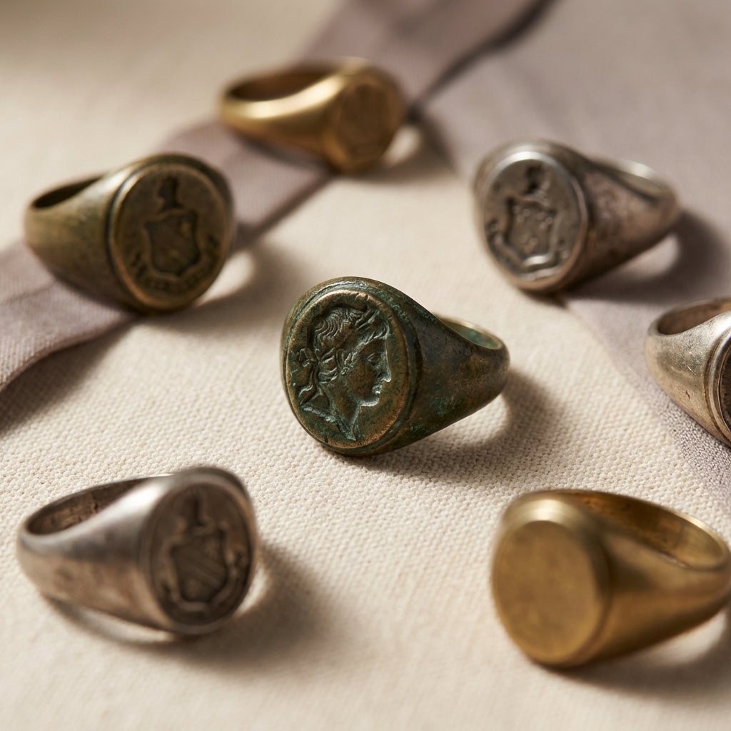 Closeup of ancient masonic rings on light beige fabric showing patina intaglio carving and bezel details under soft museum lighting minimal clean composition
