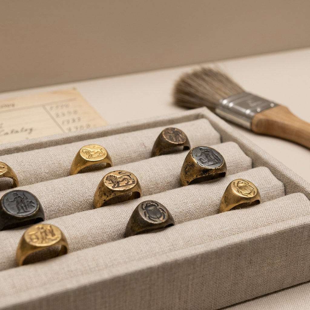 Close up of ancient mens ring signets on soft archival padding with a faint catalog card and conservation brush in a warm beige background