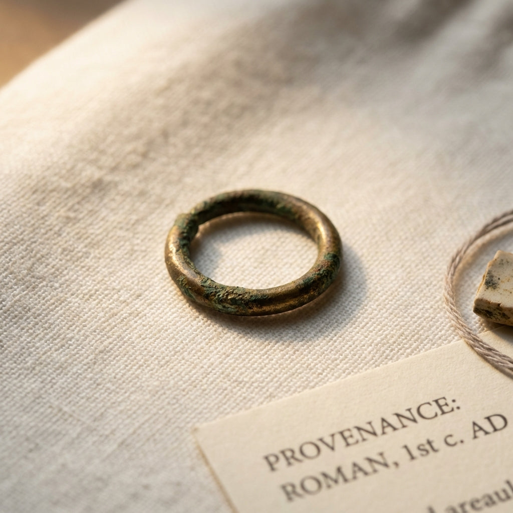 Close crop of an ancient nose ring small patinated bronze hoop on a linen background with a partially visible provenance card and soft directional light
