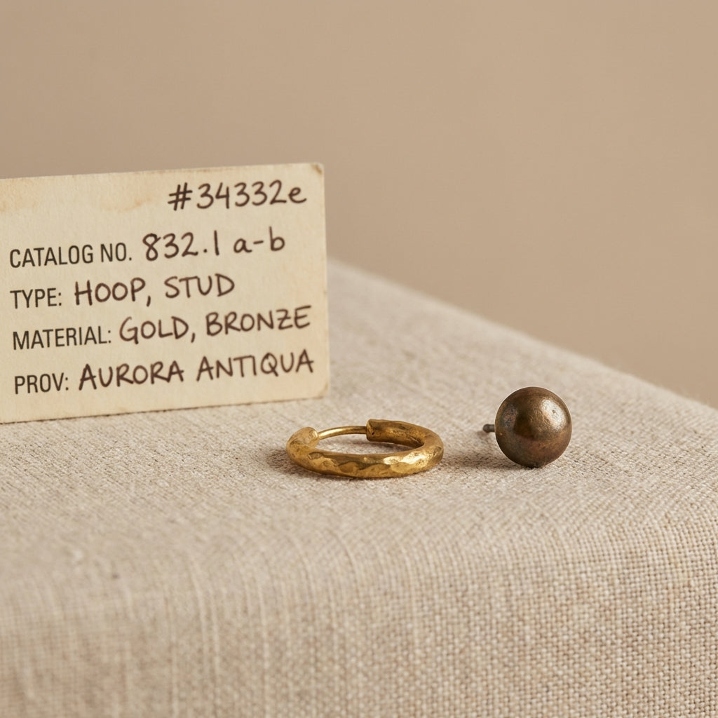 Studio photograph of an ancient nose ring gold hoop and a bronze stud on beige fabric with a partial museum catalog card on a background color #ede7da
