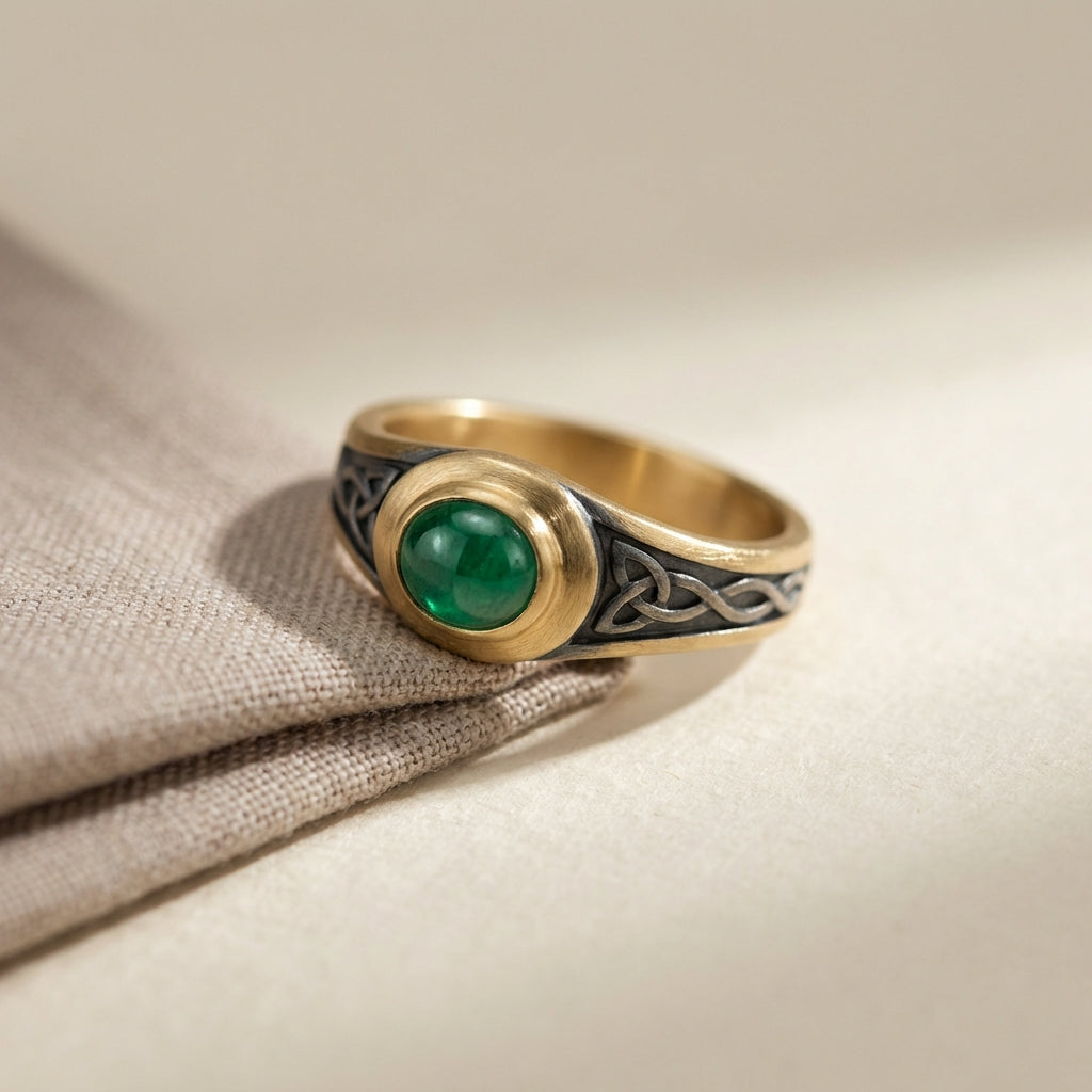 Minimalist close up of an ancient order of hibernians ring centered on a soft beige background #ede7da with warm gold accents #ae8339 and soft natural lighting