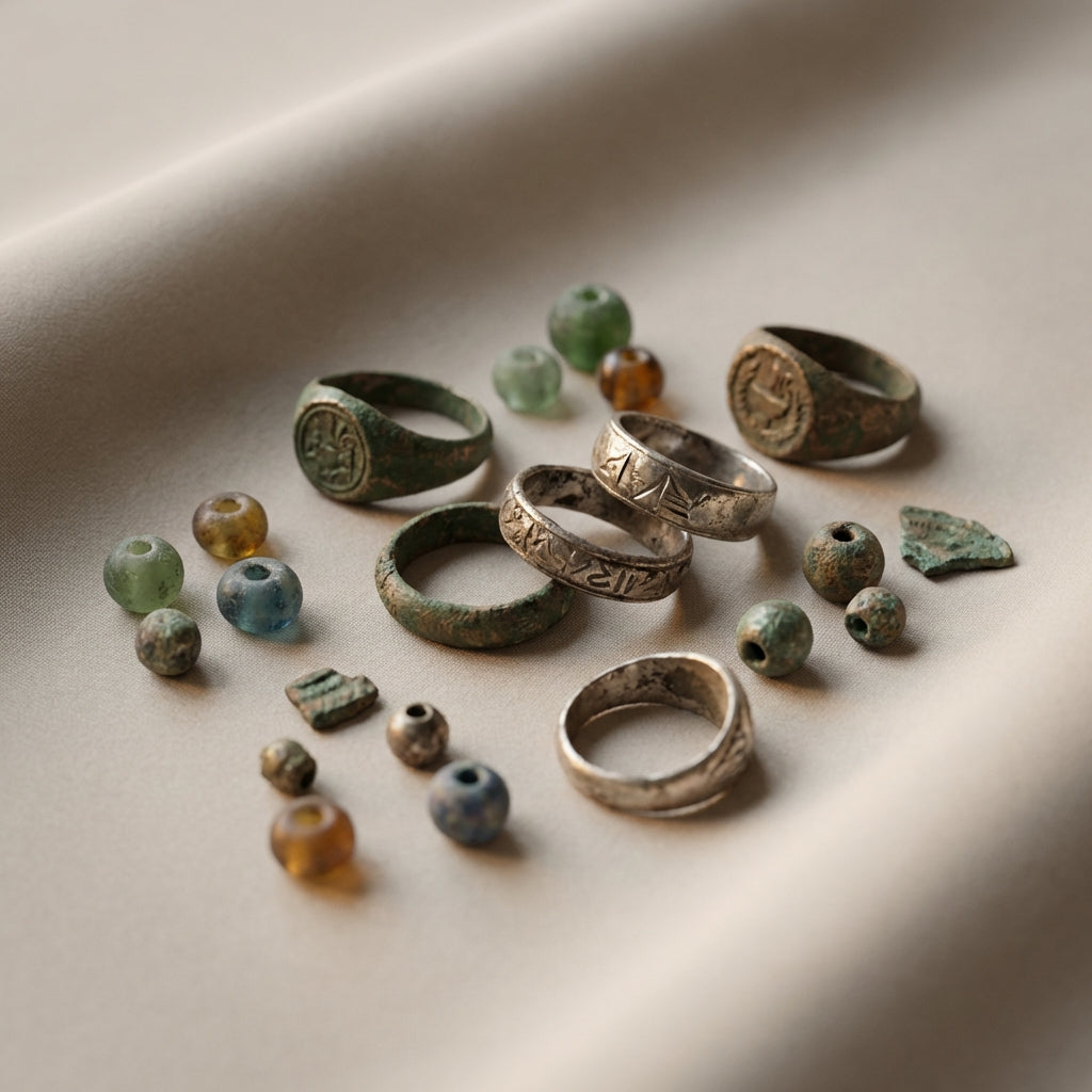 close cropped full frame photo of ancient pompeii jewelry rings and glass beads on neutral fabric background #ede7da showing metal patina and soft museum style lighting