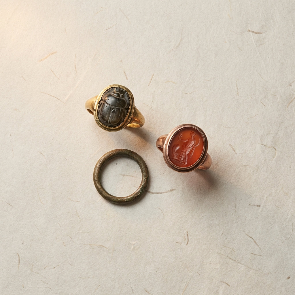 Top down photograph of Ancient Rings arranged on archival paper showing a scarab a bronze hoop and a carnelian intaglio on soft neutral background #ede7da