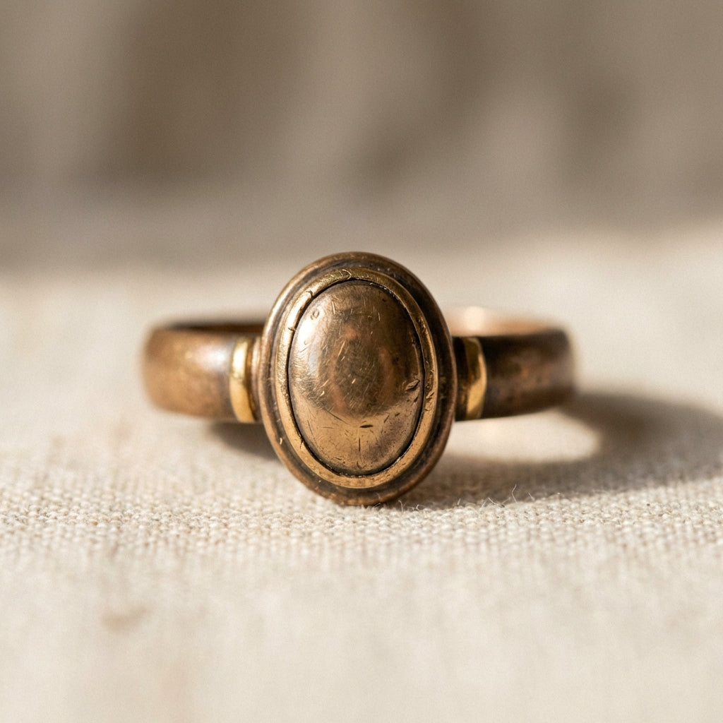 Close up of a worn ancient ring showcasing patina and bezel detail on a neutral textured background in Aurora Antiqua palette for ancient rings