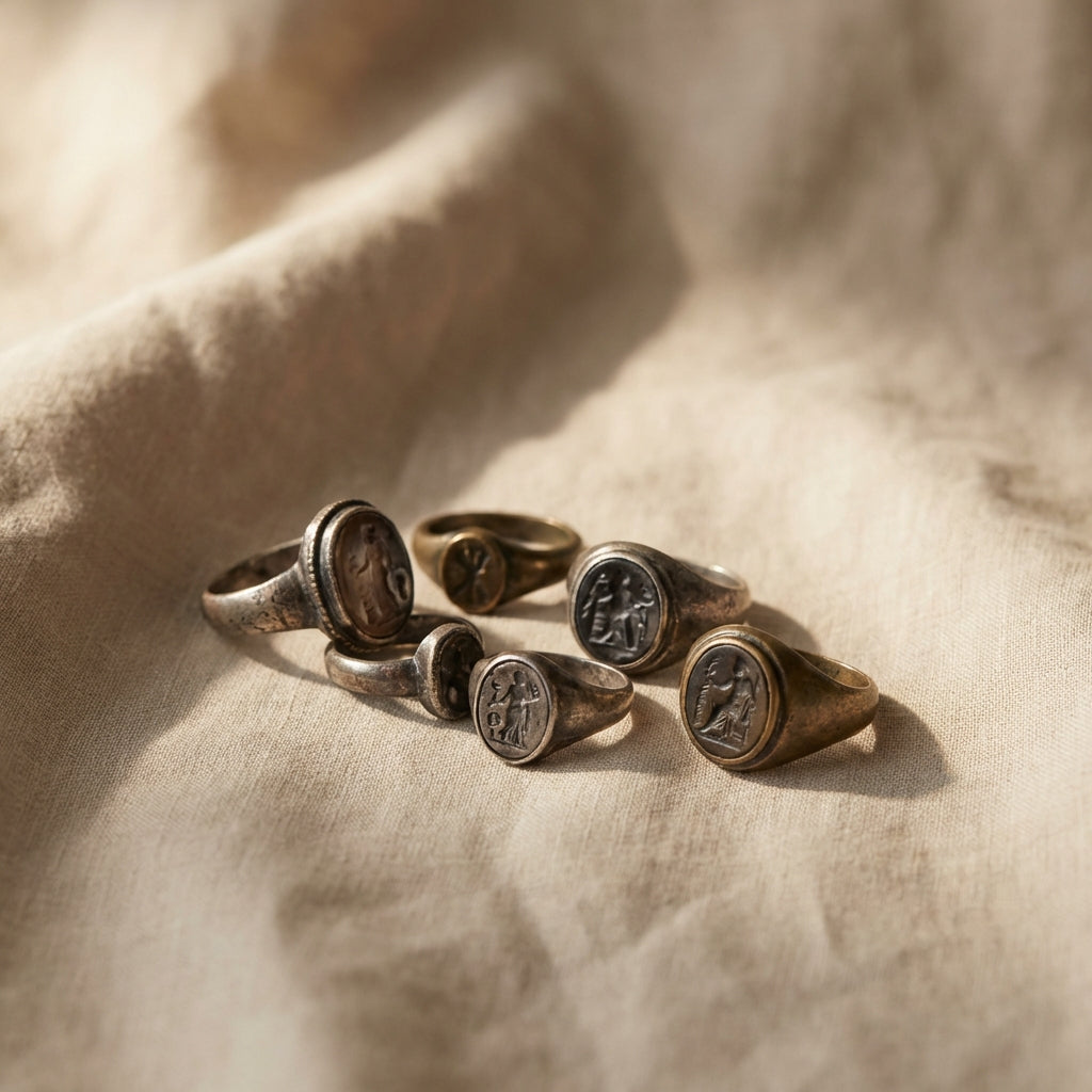 Subdued studio still life of ancient rings on neutral linen cloth showing patina bezels and intaglios soft directional light minimalist composition Ancient Rings