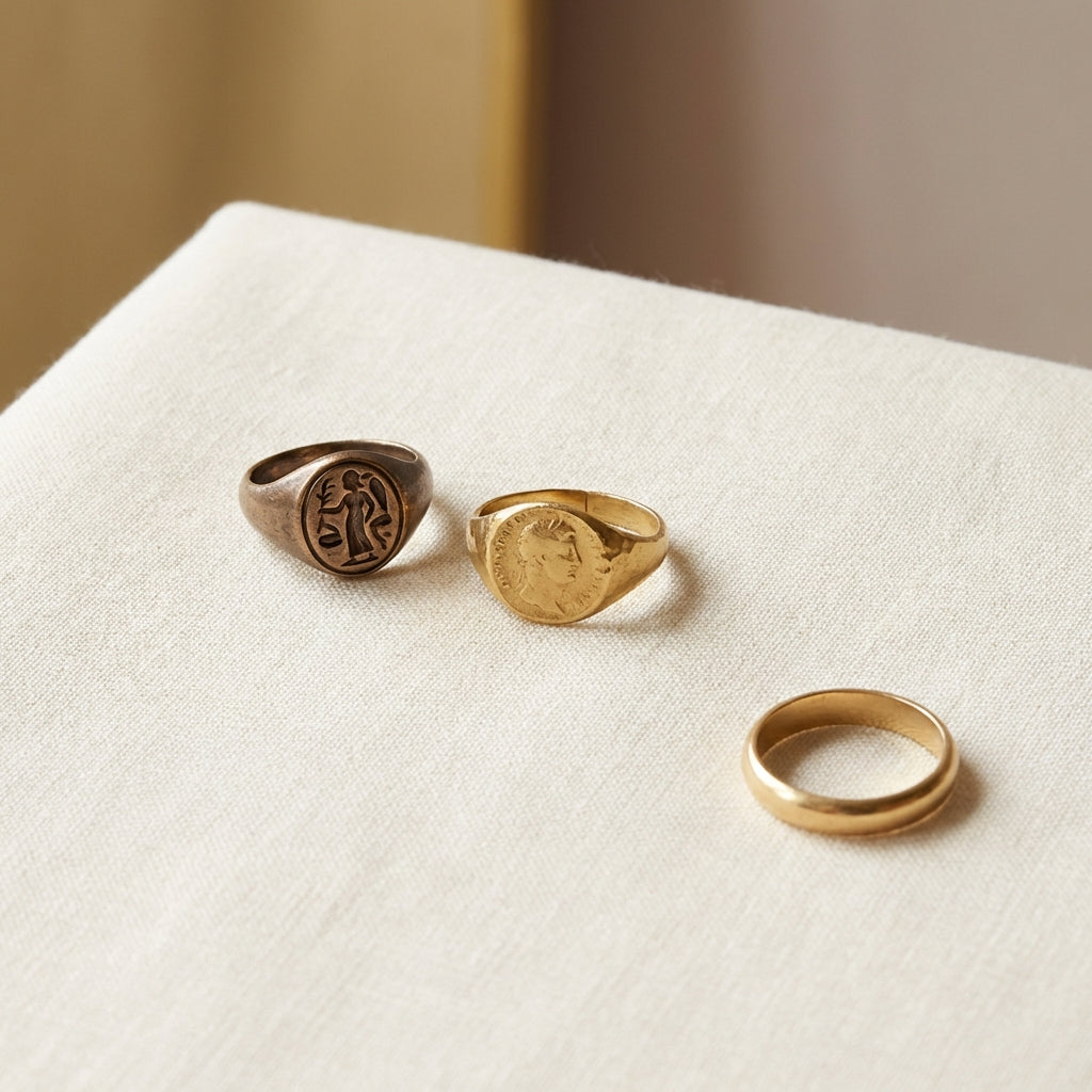 Three Ancient Rings on beige linen showing an engraved intaglio, a flattened coin mount, and a simple plain band under soft directional light minimalist composition