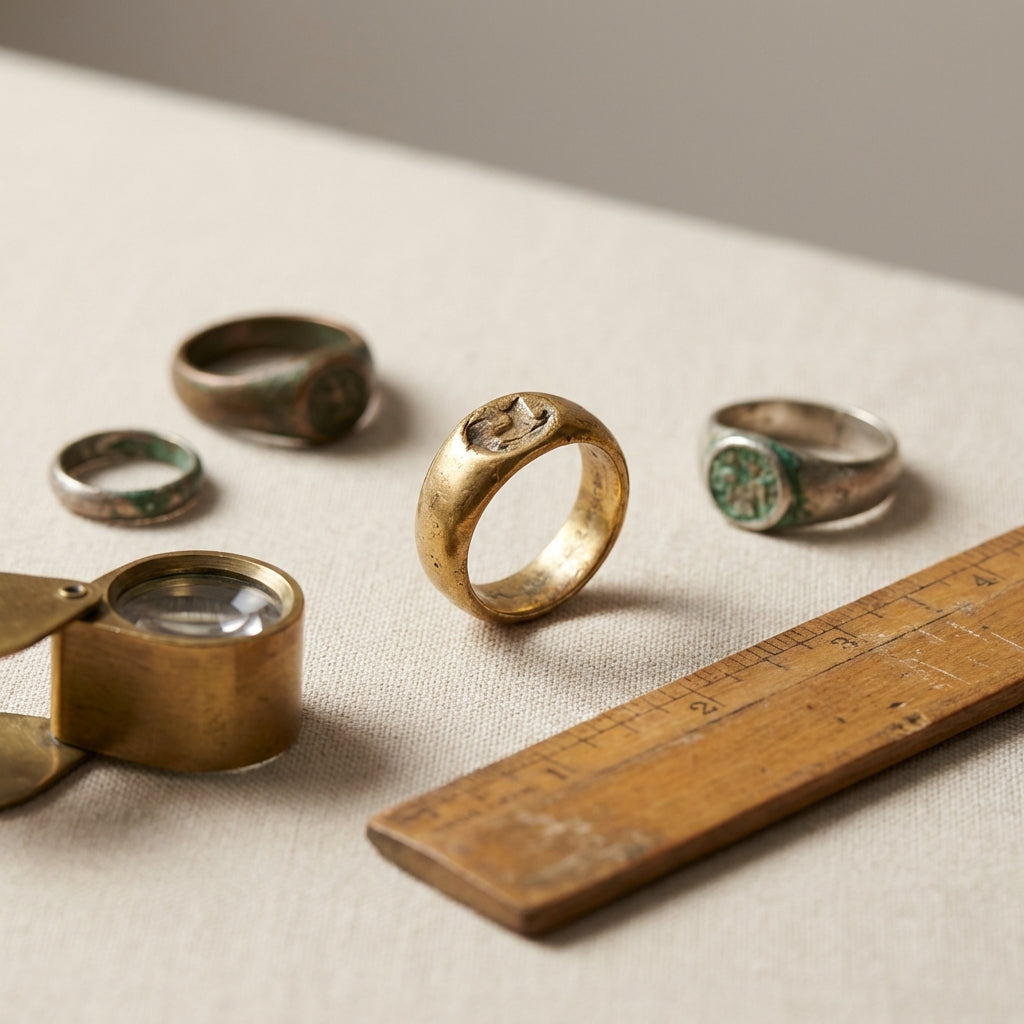 Close lit studio still life of Ancient Rings on neutral linen with a conservation loupe and measuring rule suggesting careful study