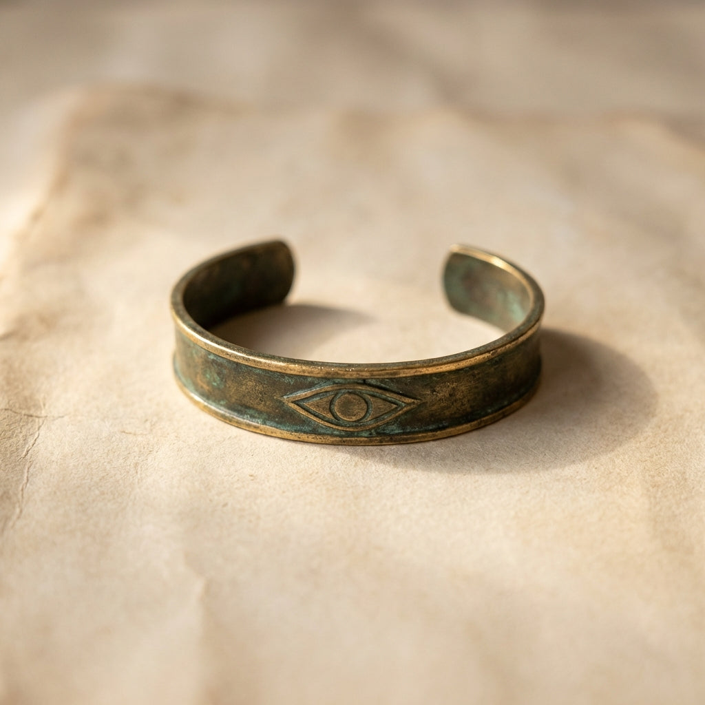 Close crop of an ancient roman bracelet in patinated bronze with an incised eye motif on aged parchment in warm natural light shallow depth of field