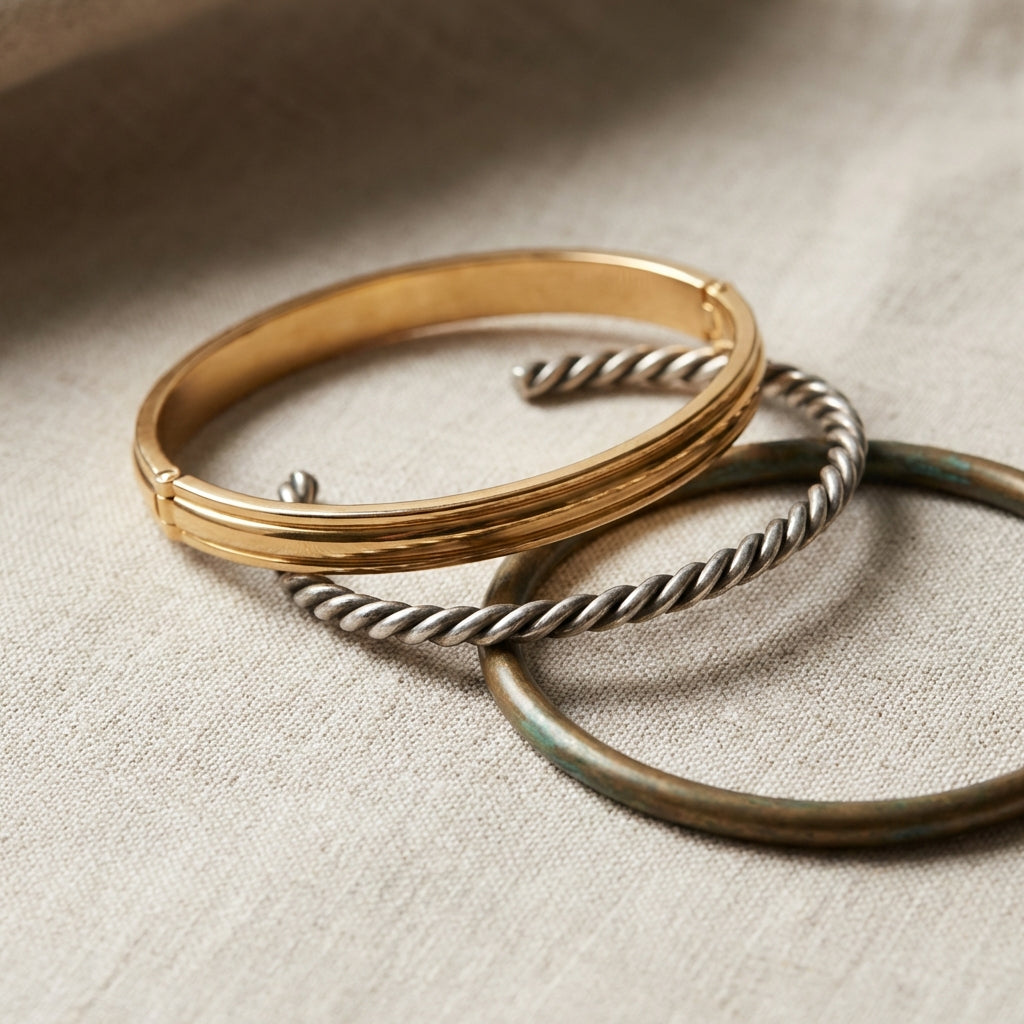 Tight detail of three ancient roman bracelet pieces on beige linen showing a gold hinged cuff twisted wire torque and a patinated bronze tubular band