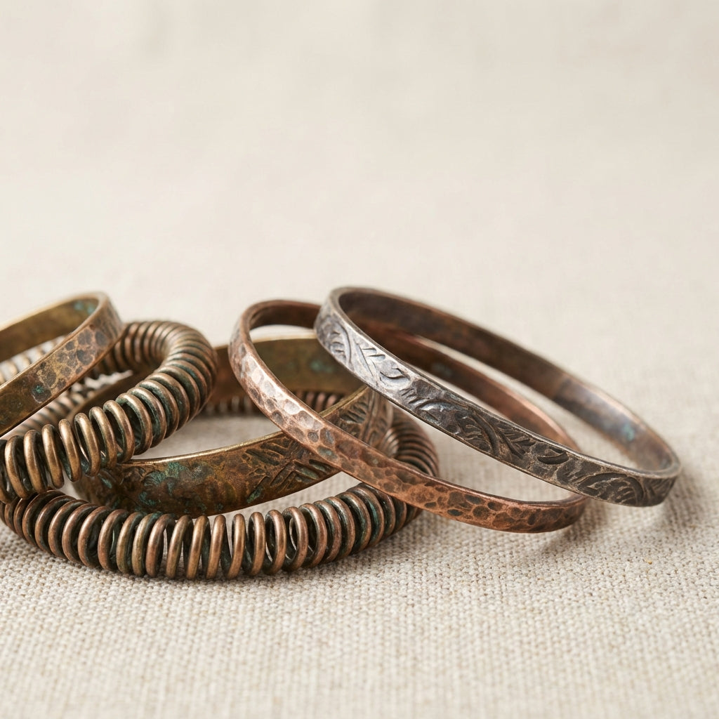 Close view of several ancient roman bracelet metal bangles on neutral linen showing patina and chain link detail in soft directional light