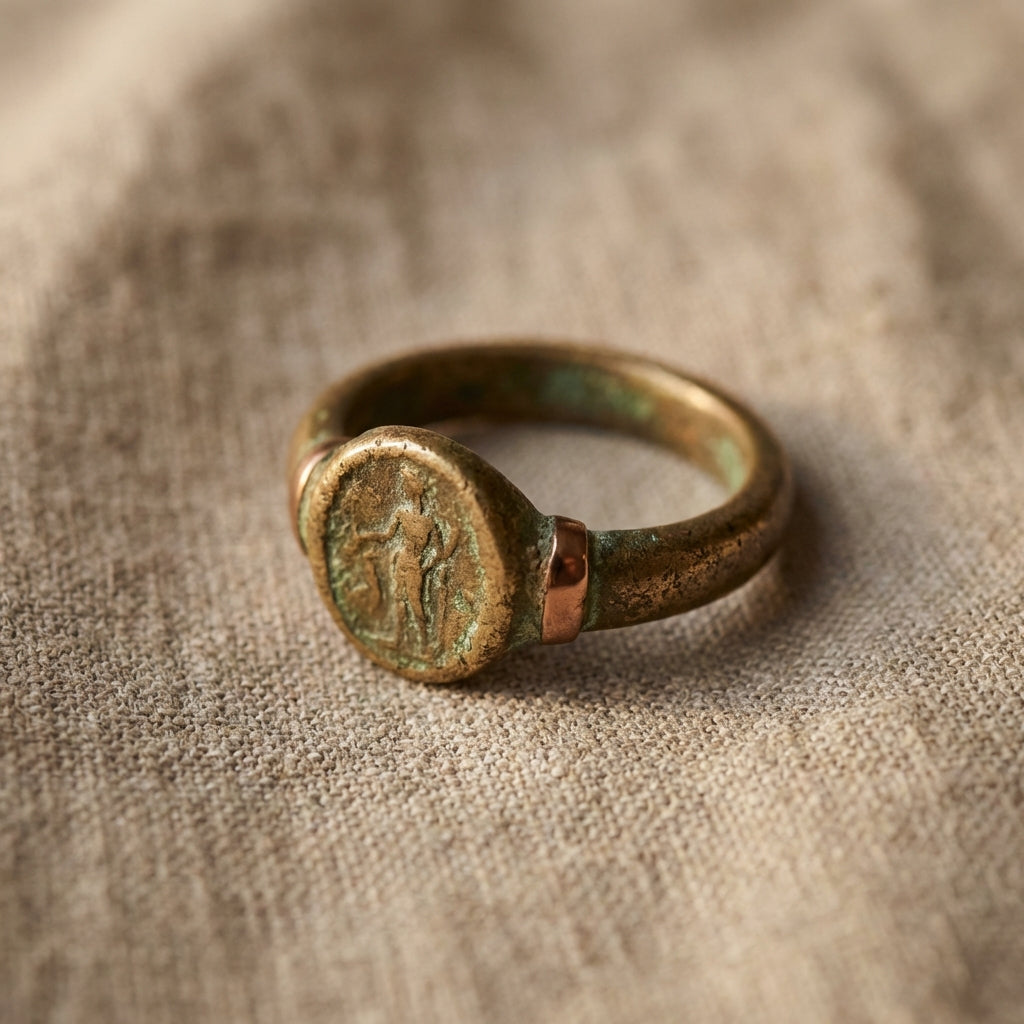 Close up of ancient roman bronze ring on neutral linen with aged patina subtle green deposits and warm natural light minimalist composition