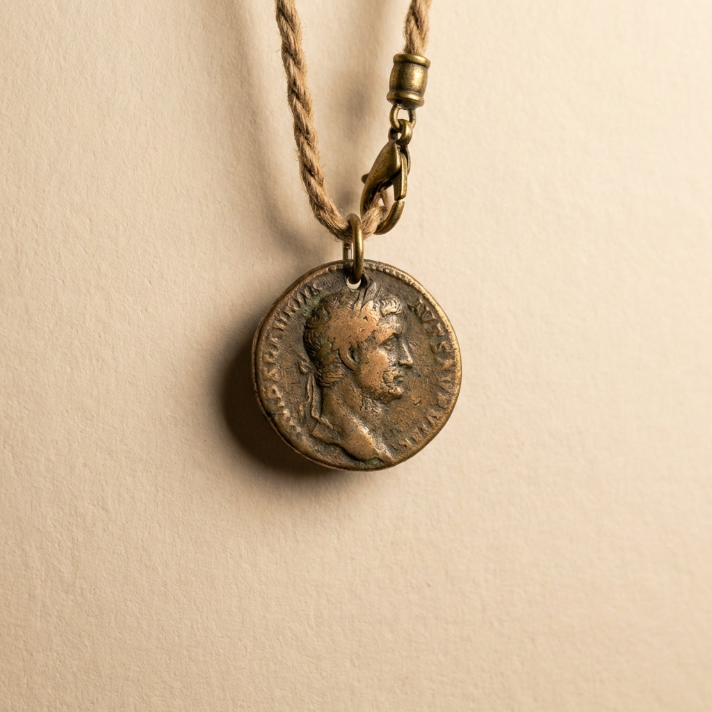 Close up of an ancient roman coin necklace pendant on a simple cord showing obverse portrait and worn patina minimalist beige background #ede7da museum style lighting
