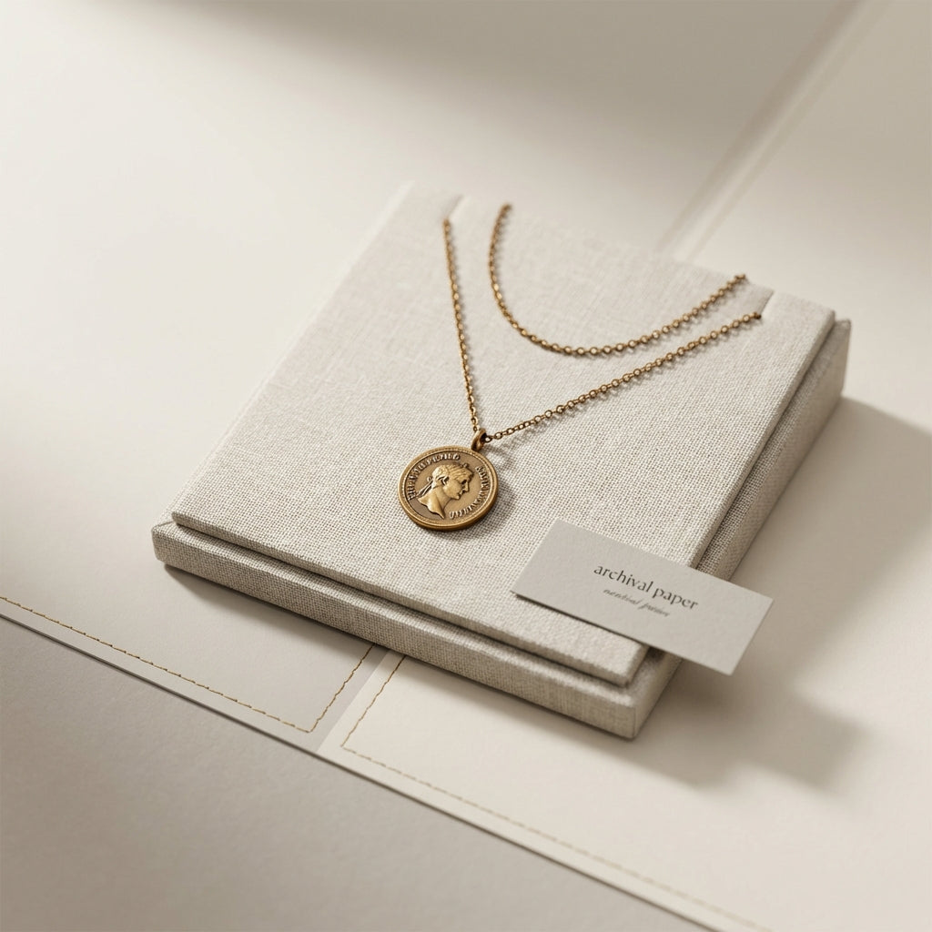 Layered necklace display featuring an ancient roman coin necklace on a simple chain on a soft neutral background with a small archival label and warm bronze accents