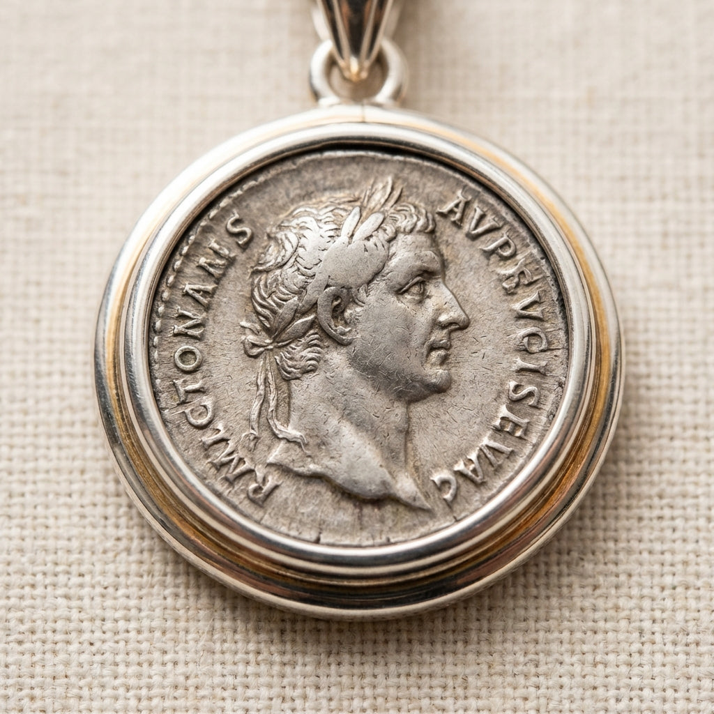 Close up of ancient roman coin necklace pendant set in silver on neutral linen background showing patina and bezel detail with soft studio lighting