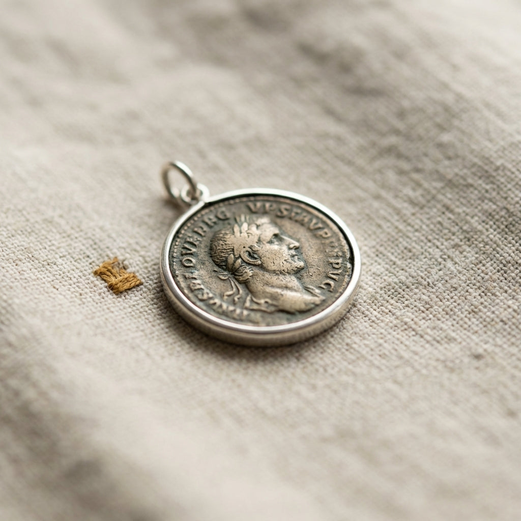 Close up shallow depth photo of an ancient roman coin pendant on natural linen showing patina edge details warm natural light minimalist composition