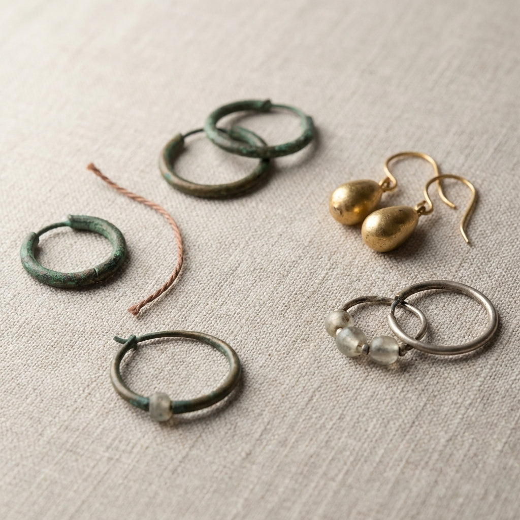Minimal group of ancient roman earrings on neutral linen background showing patina varied materials and texture revealed by soft side lighting