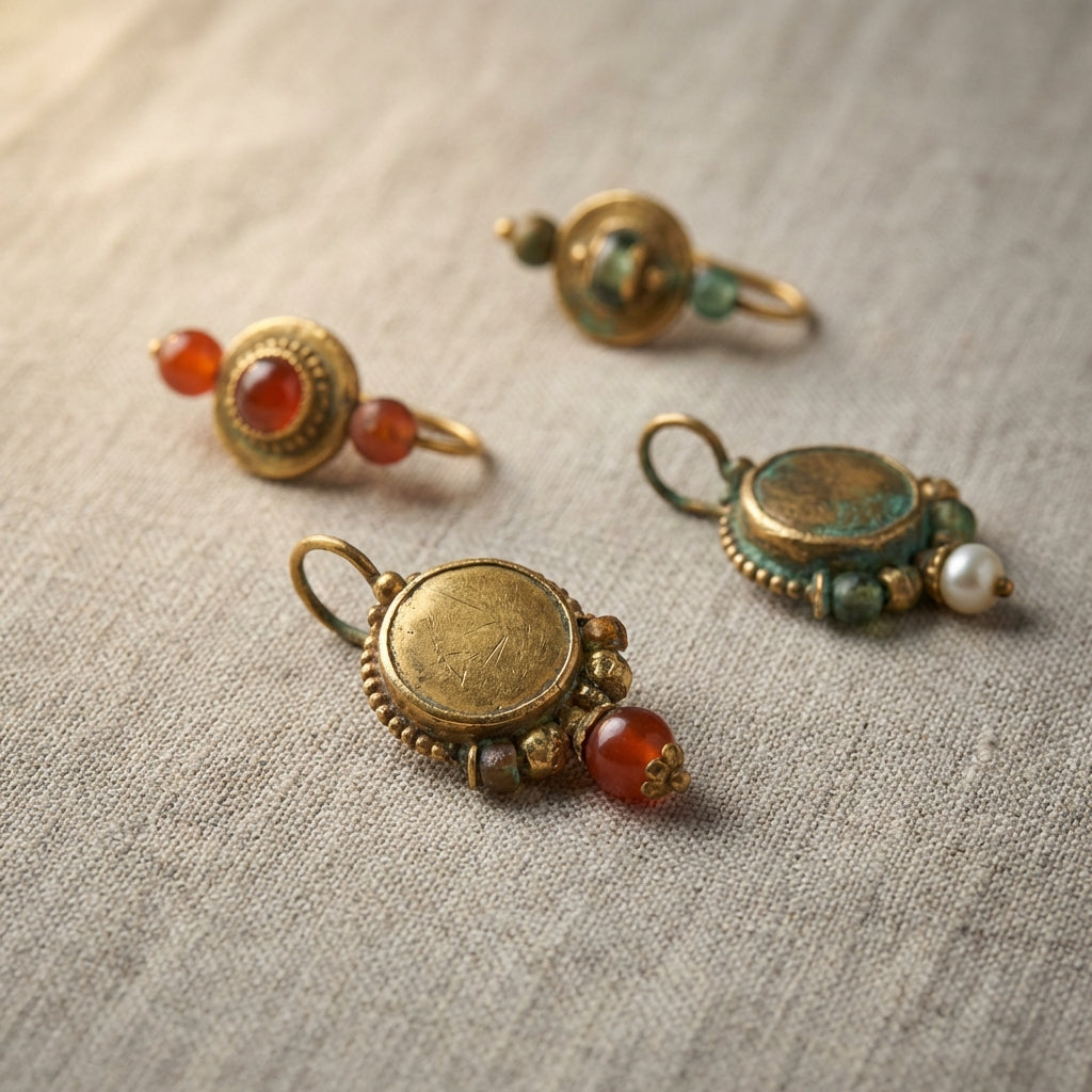 Close up of a curated selection of ancient roman earrings on neutral linen showing metal textures beads and visible patina in a minimalist Aurora Antiqua style