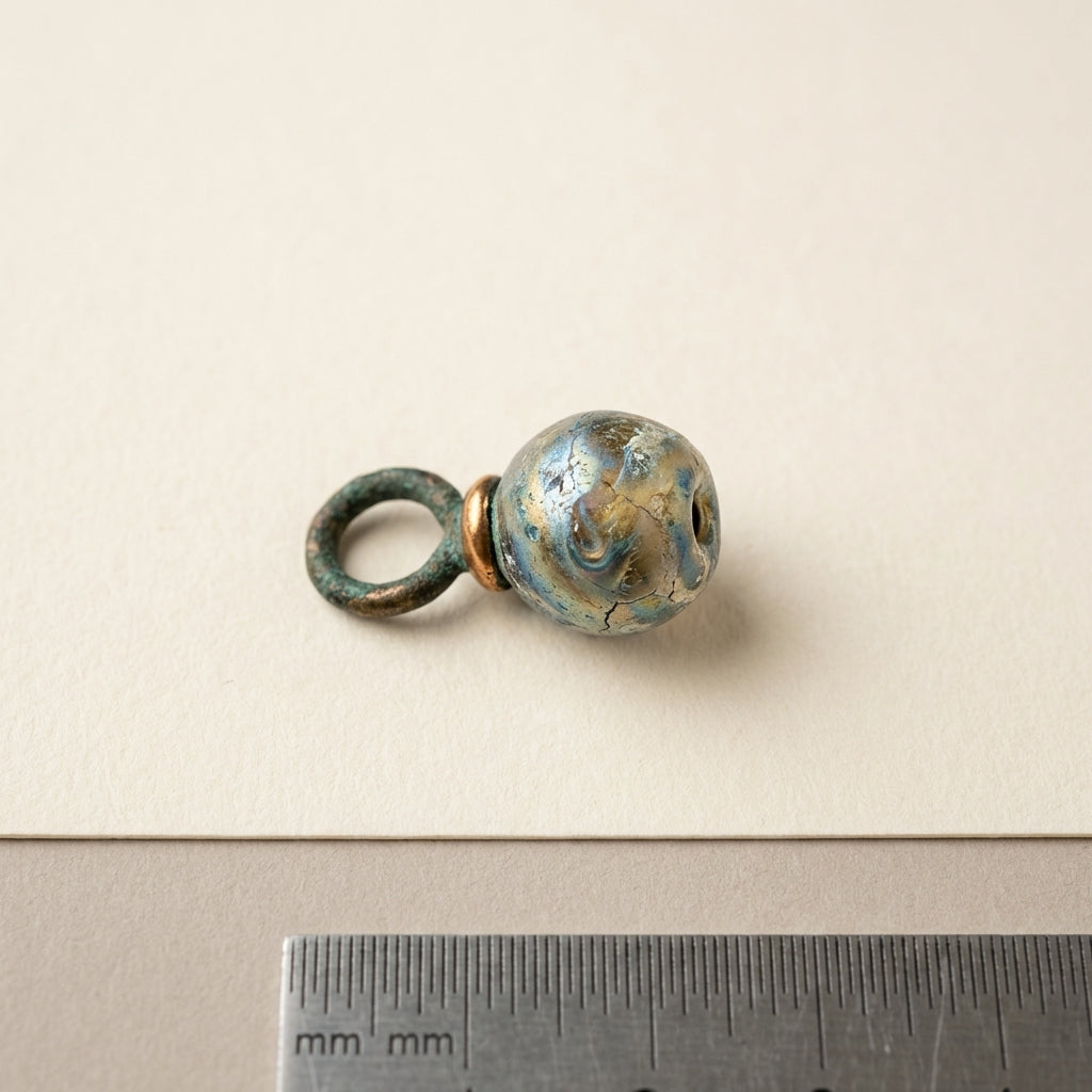 Close neutral lit full frame photo of ancient roman glass earrings on acid free paper with a millimeter ruler partially visible in a minimalist Aurora Antiqua color palette