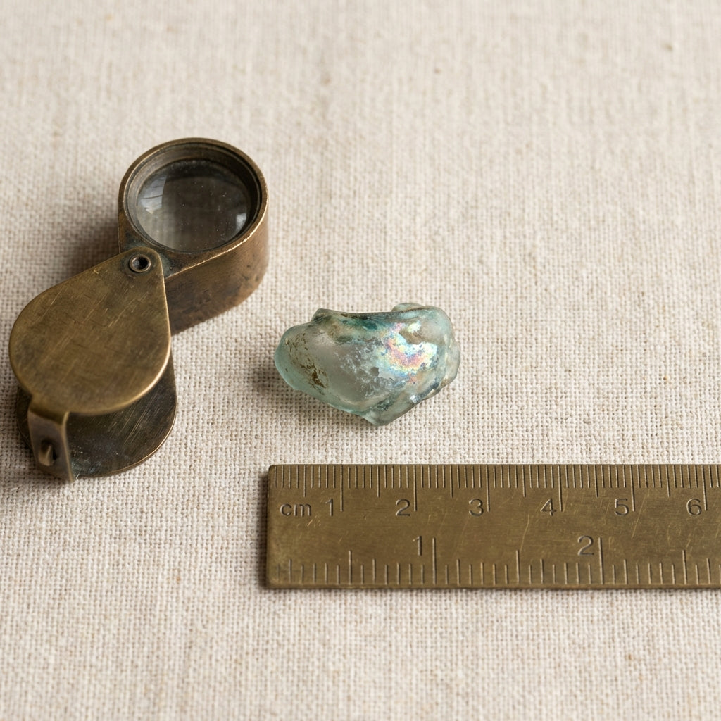 Close overhead full frame photo of ancient roman glass earrings on archival linen with jeweler loupe and ruler soft natural light minimalist Aurora Antiqua palette