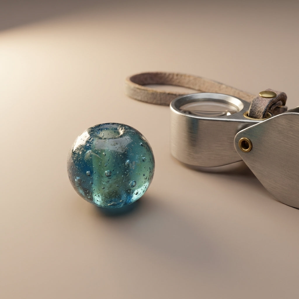 Close up of a small ancient roman glass jewelry bead next to a loupe on a neutral Aurora Antiqua background showing surface bubbles and texture