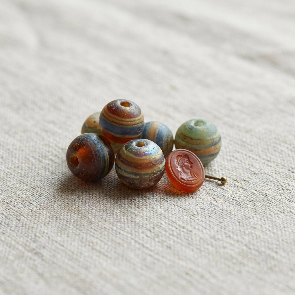 Close crop of ancient roman glass jewelry beads and a carved intaglio on neutral linen showing layered colors and subtle surface iridescence