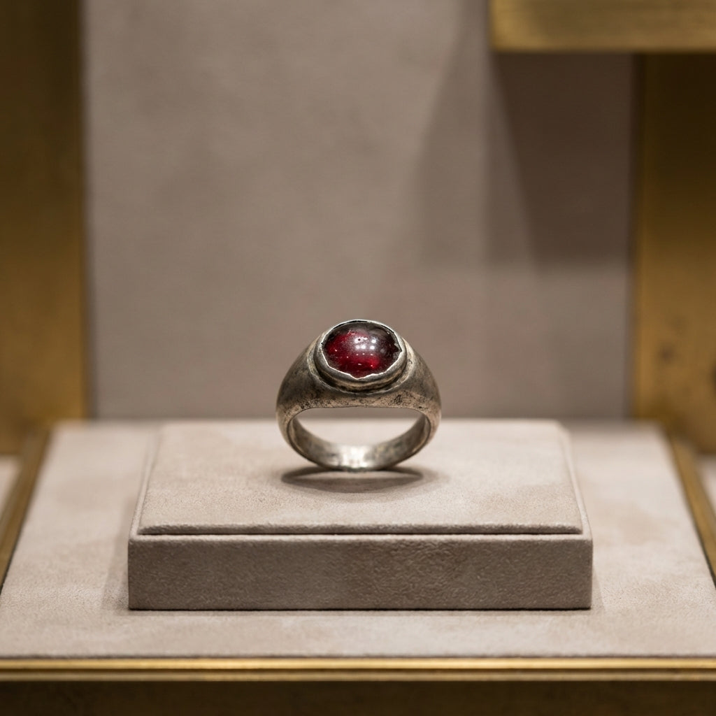Close up of ancient roman glass jewelry ring with small red glass inlay in silver setting on neutral ede7da background under soft museum lighting minimalist display