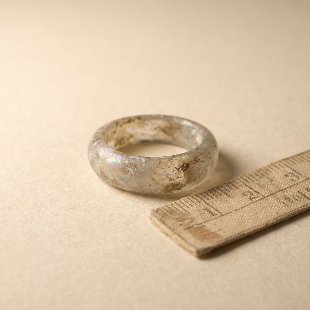 Close studio photograph of an ancient roman glass ring on neutral padded paper with a soft ruler for scale showing weathered patina and subtle iridescence