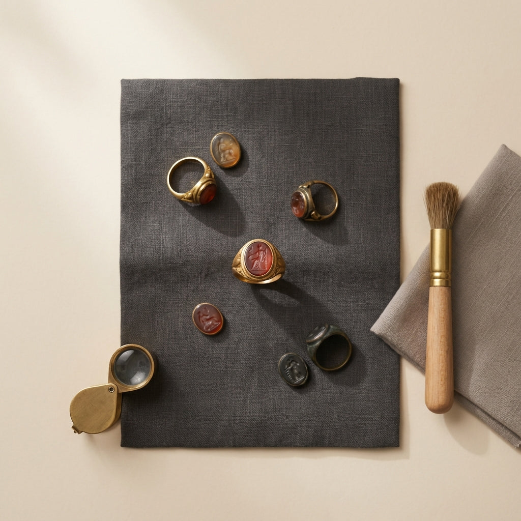 Overhead close shot of ancient roman jewelry artifacts including small gold rings and carved intaglios on dark linen with a conservation brush and magnifying loupe minimalist warm palette
