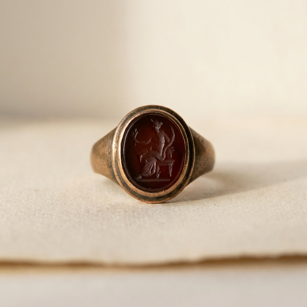 Close cropped photograph of an ancient intaglio ring on archival paper showing bezel and carved gem details in warm tones ancient roman jewelry examples