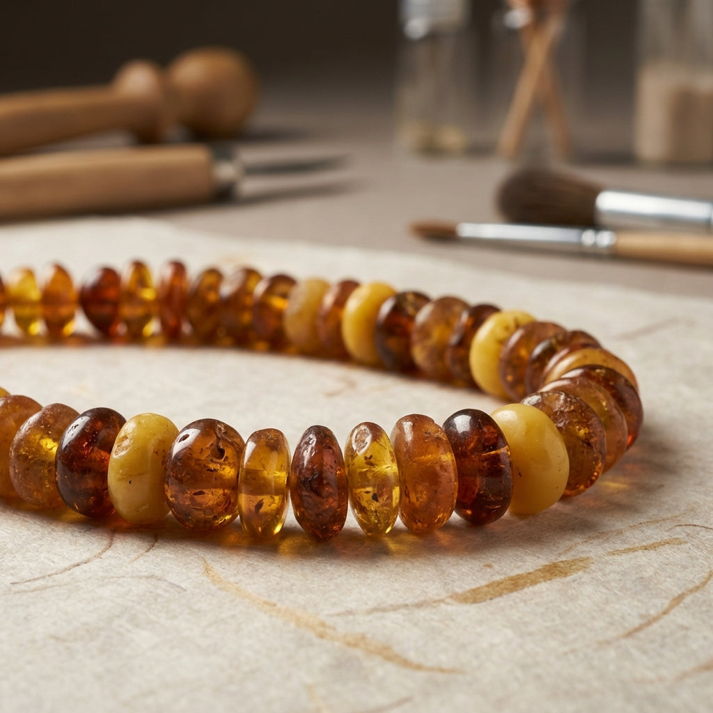 Close up of translucent ancient amber bead string on pale beige conservation lab surface showing warm honey tones controlled studio lighting ancient roman jewelry making