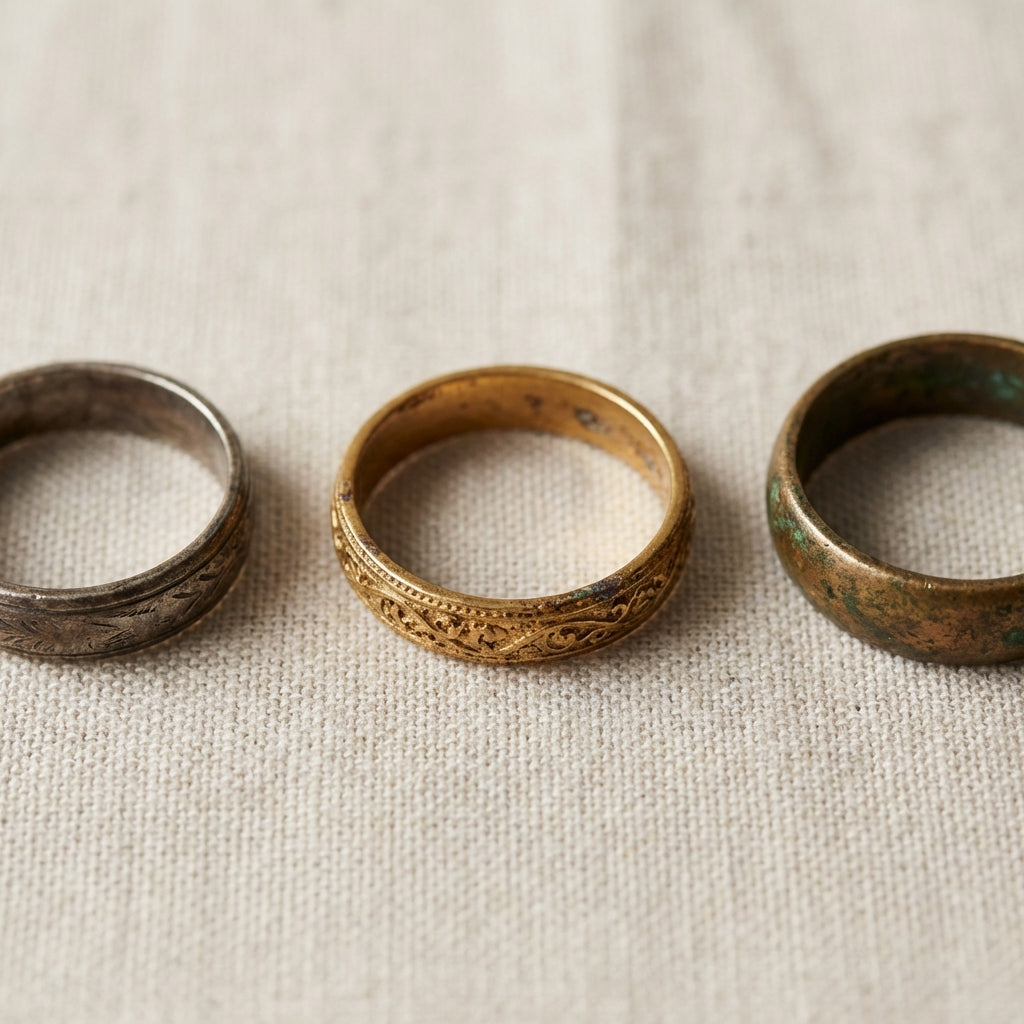 Close up of three ancient roman jewelry rings in gold silver and bronze patina on neutral linen background minimalist composition full frame